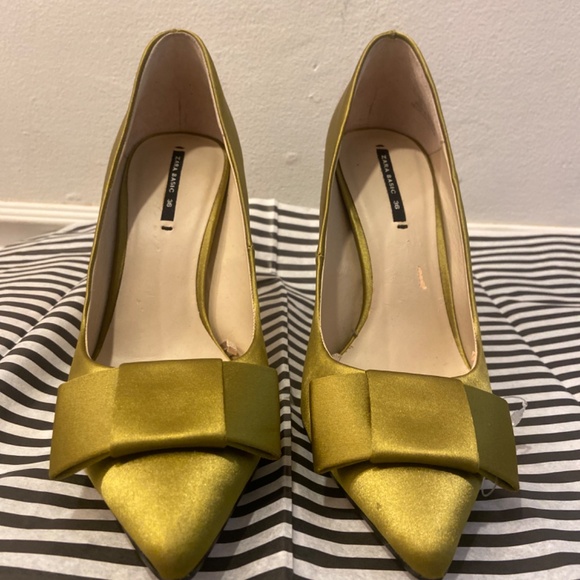 ZARA BASIC CHARTREUSE SATIN BOW HEELS SZ 36 SATEEN FORMAL WEDDING TUXEDO CHURCH - Picture 10 of 16